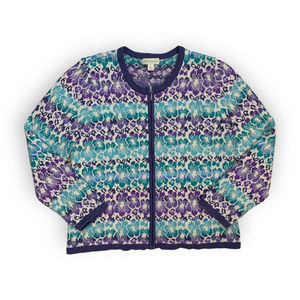 Vintage Appleseeds Knitted Purple and Teal Floral Full Zip Cardigan Size L